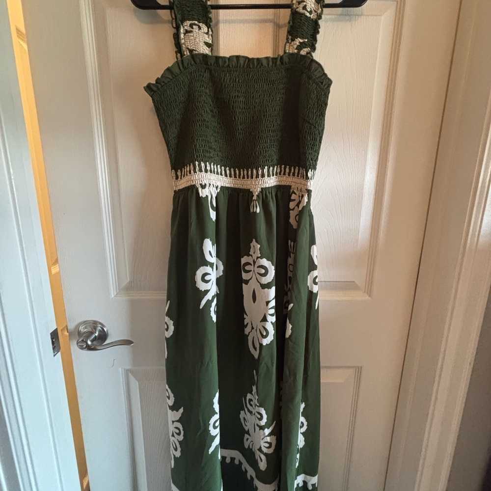 Smocked Strap Maxi Dress in Olive Green and White